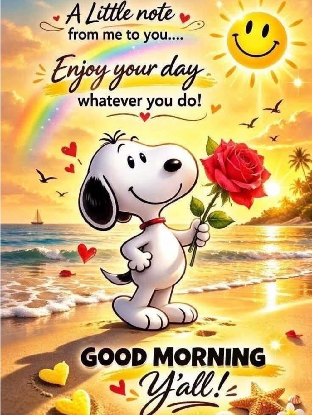 Snoopy 'Good Morning' Holiday Print - White with Red Rose